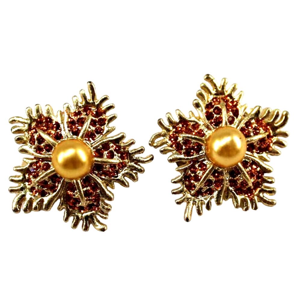 Sparkling Orange Rhinestone Faux Golden Pearl Earrings • Goldtone • 1" • Clip On